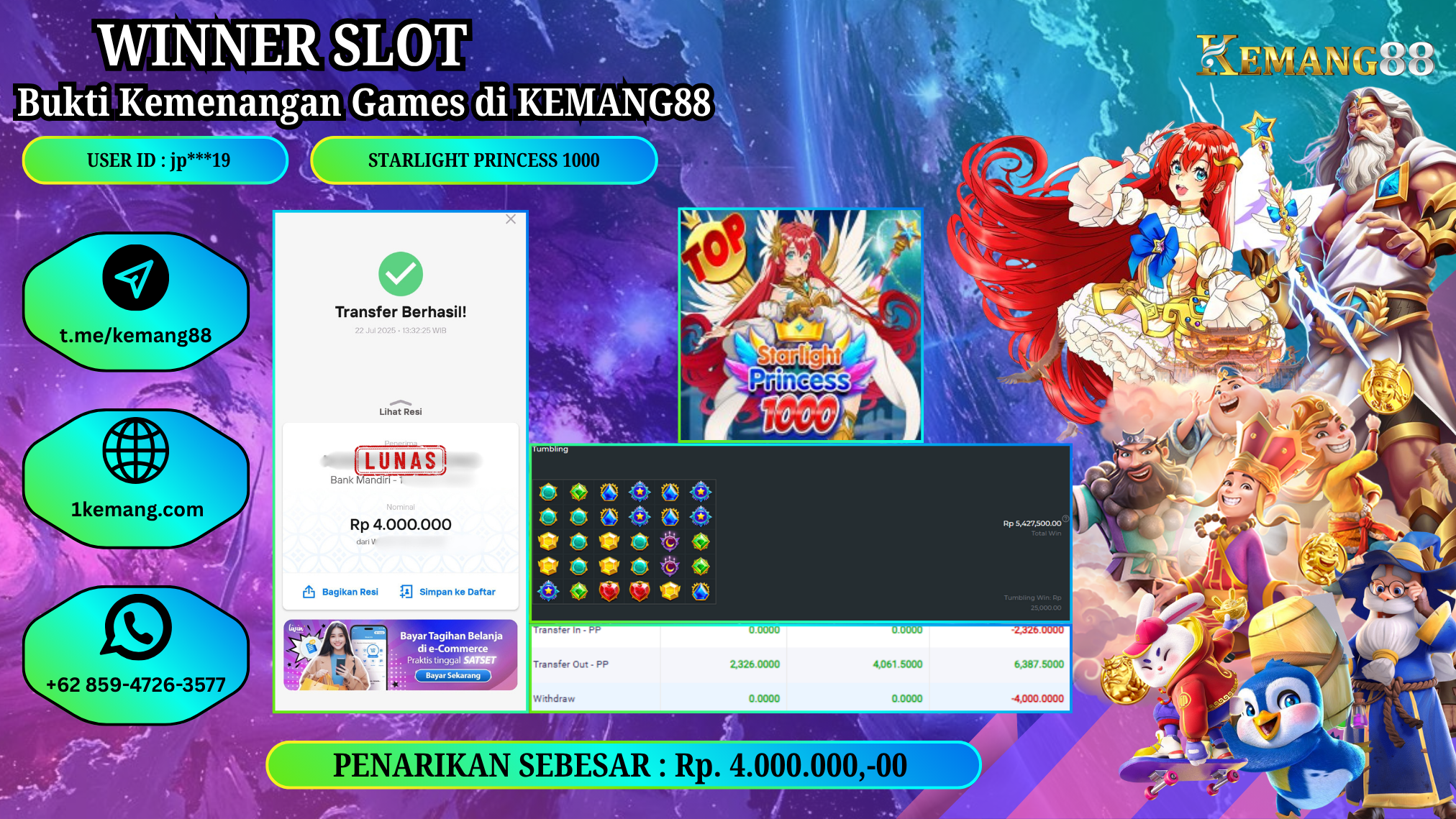 KEMANG88 [22 JULY 2025] : JACKPOT SLOT : STARLIGHT PRINCESS 1000 [PP]  Rp.4.000.000.,- LUNAS